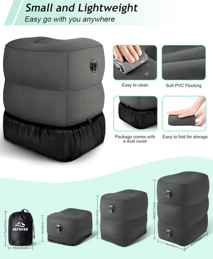 JefDiee Inflatable Travel Foot Rest Pillow, Kids Airplane Bed, Adjustable 3 Layers Height Leg Rest Pillow, Adults Travel Essentials Great for Airplane, Office, Home, Trains, Cars (Dark Grey)