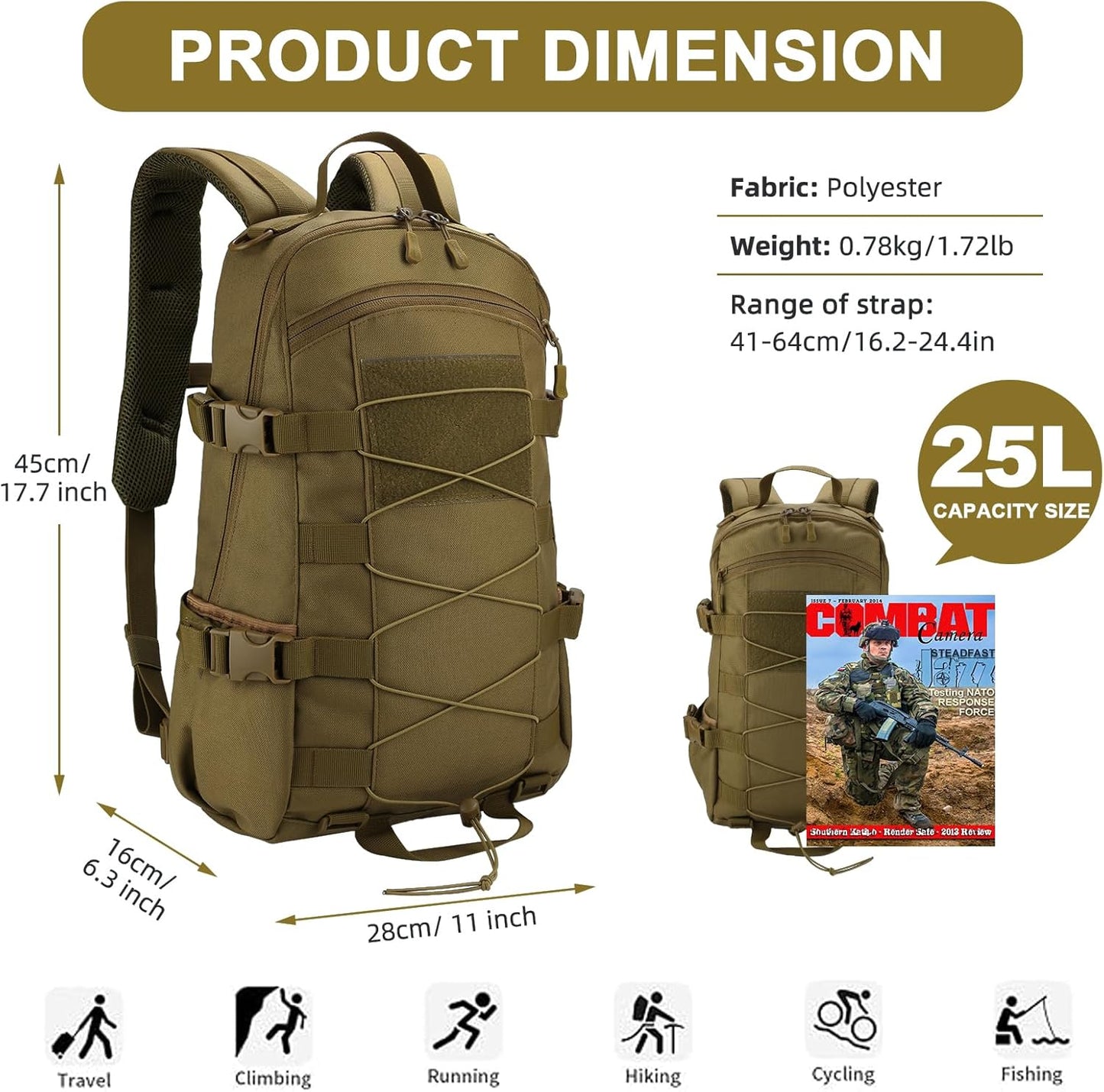 25L Hiking Backpack Small Tactical Backpack Daypack Camping Trekking Hunting Molle Pack for Men Women, Khaki