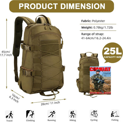 25L Hiking Backpack Small Tactical Backpack Daypack Camping Trekking Hunting Molle Pack for Men Women, Khaki