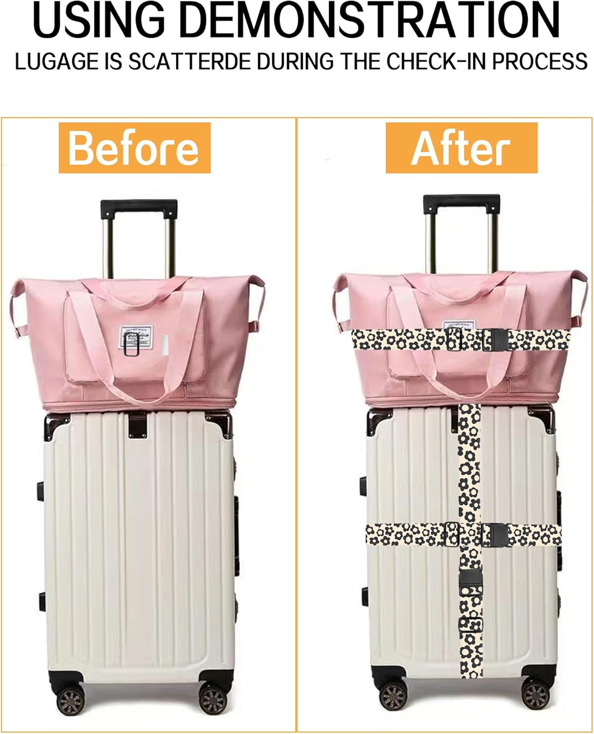 Luggage Straps for Suitcases, Adjustable Travel Belt, Durable Wide Luggage Strap, Cute Suitcase Strap Identifiers with Buckle, Bag Straps for Luggage, Cute Black Daisy