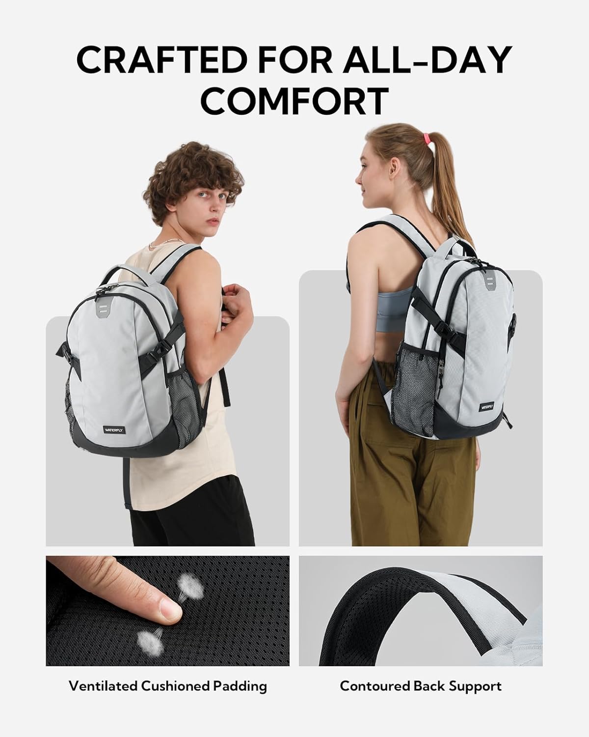 WATERFLY Small Casual Travel Backpack: 20L for Men Women Work Commuter Everyday EDC Daypack Hiking Gym Sport Workout Grey