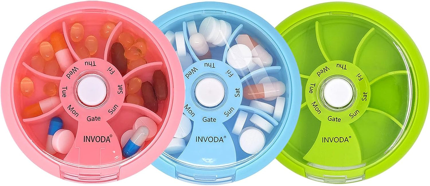 INVODA Weekly Pill Organizer 7 Compartment Rotating Pill Box for Daily Medication & Vitamins - Portable Travel Pill Case Fish Oil Supplements Vitamins Organizer (Pink+Sky Blue+Green)