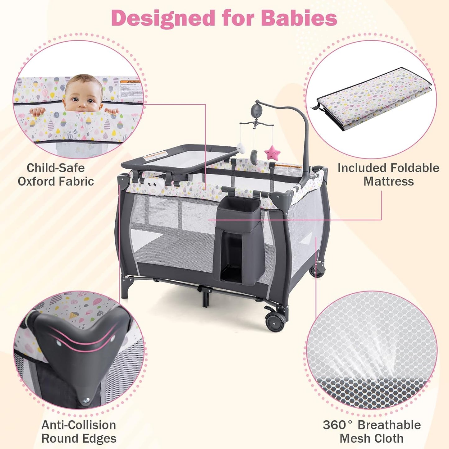 HONEY JOY Pack and Play, 3 in 1 Portable Baby Playard with Bassinet, Changing Table, Lockable Wheels, Music Box, Foldable Travel Baby Crib Nursery Center from Newborn to Toddler (Water Drop Gray)