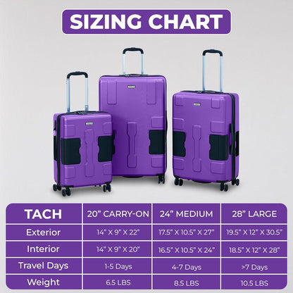 Tach V3.1 Hard Shell 3 Piece Luggage Set - 20, 24 & 28 inch Luggage | Carry On, Medium & Large Checked Suitcases | Patented Built-In Connecting System | Rolling Suitcase Links 9 Bags (Purple)