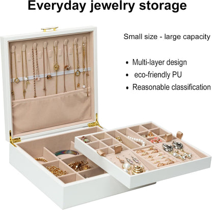 Jewelry Box Organizer for Women,White 2 Layer jewelry Stoarge Case,Built in Necklace Hook and Detachable Jewelry Tray,Indoor Jewelry Display Box