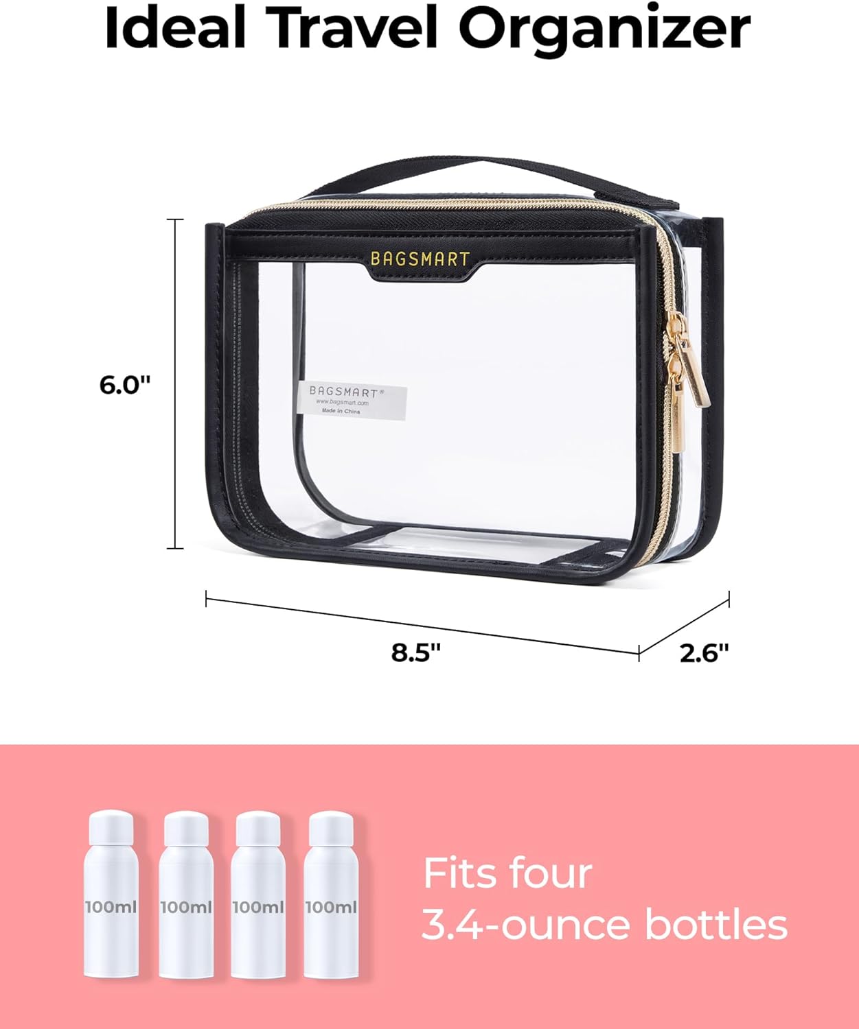 BAGSMART TSA Approved Toiletry Bag, Clear Travel Toiletry Bag, Makeup Cosmetic Pouch Bag for Women Quart Size Compliant Bag Organizer for Travel Essentials (Pink Pack of 2)