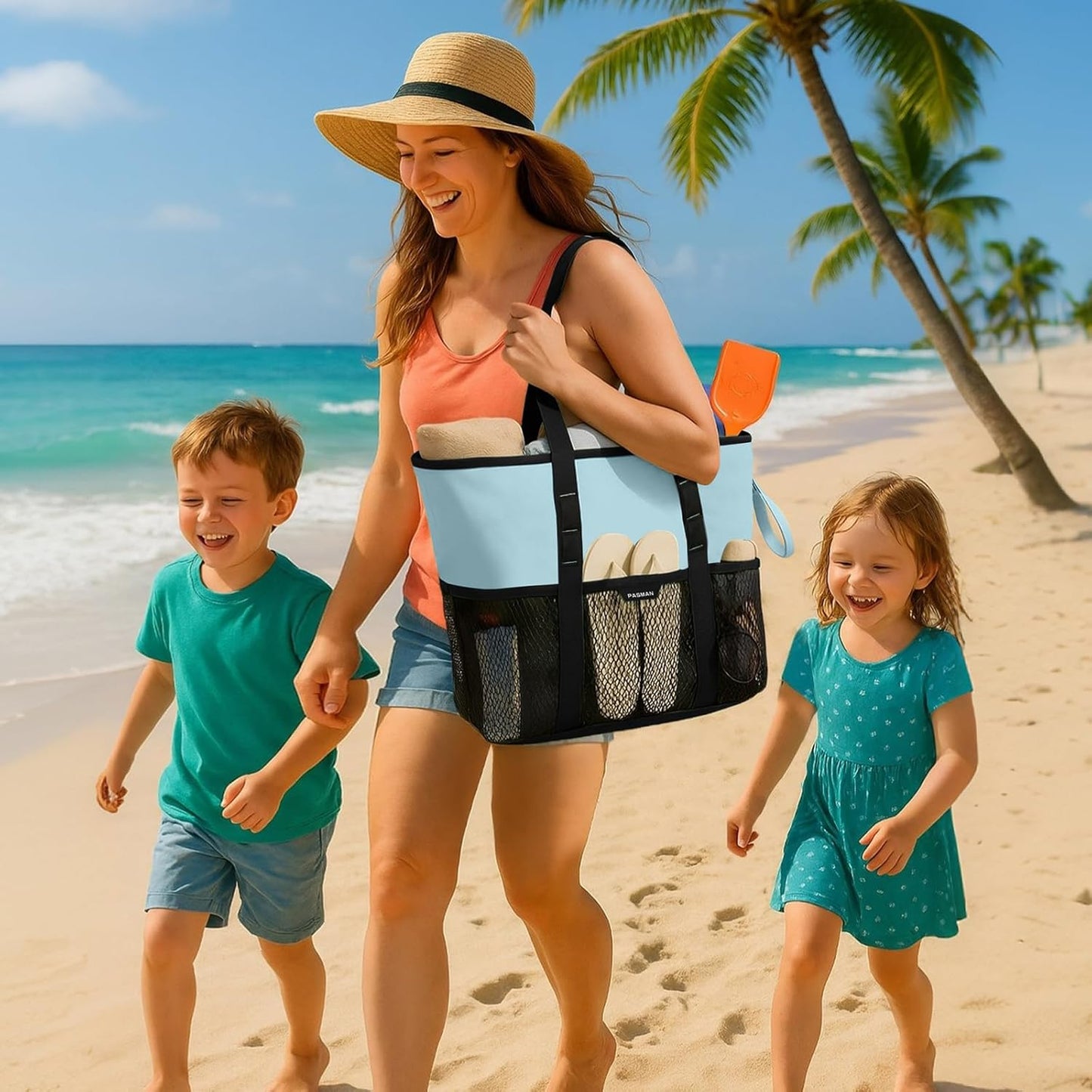 Beach Bag with Zipper - 8 Pockets Sandproof Beach Tote Bag for Women,Foldable Lightweight Family Swim Bag Vacation