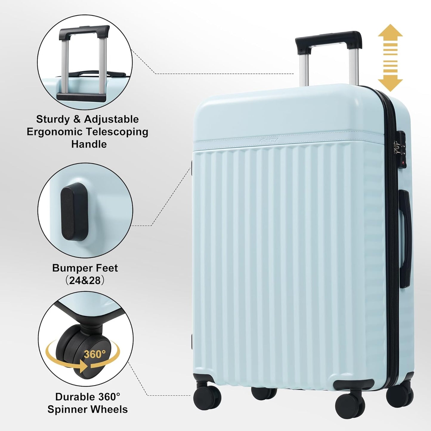 Merax Luggage Sets, Durable Hardshell 3 Piece Suitcase with Double Spinner Wheels and Handle Bags,Lightweight Carry on Luggage with TSA Lock,20+24+28 inches,Light Blue