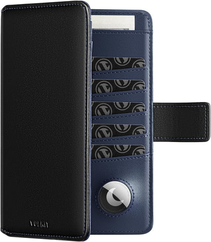 VULKIT Passport Holder with Airtag Holder RFID Blocking Passport Wallet Travel Leather Passport for Women(Black Navy)