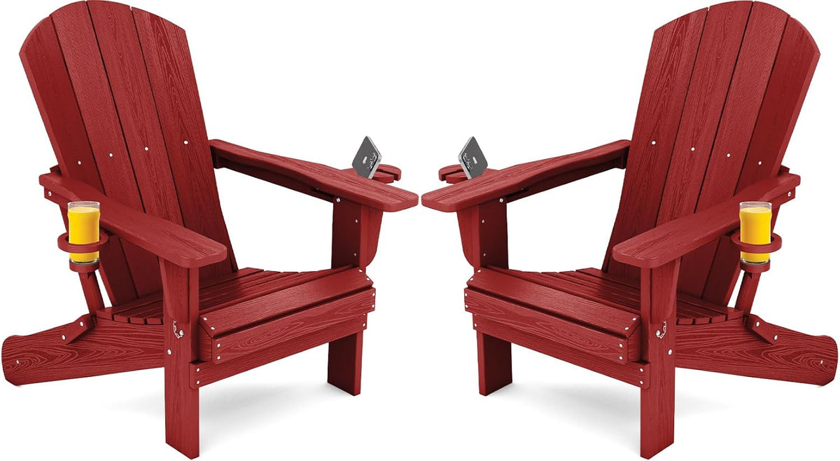 SERWALL Adirondack Chair with Cup Holders - Composite Adirondack Chairs Set of 2 HDPE Outdoor Chairs All Weather Use- Dark Red