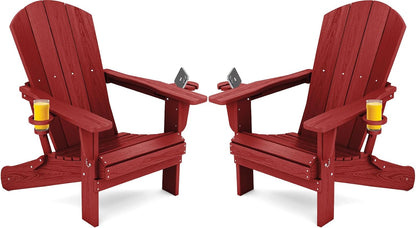 SERWALL Adirondack Chair with Cup Holders - Composite Adirondack Chairs Set of 2 HDPE Outdoor Chairs All Weather Use- Dark Red
