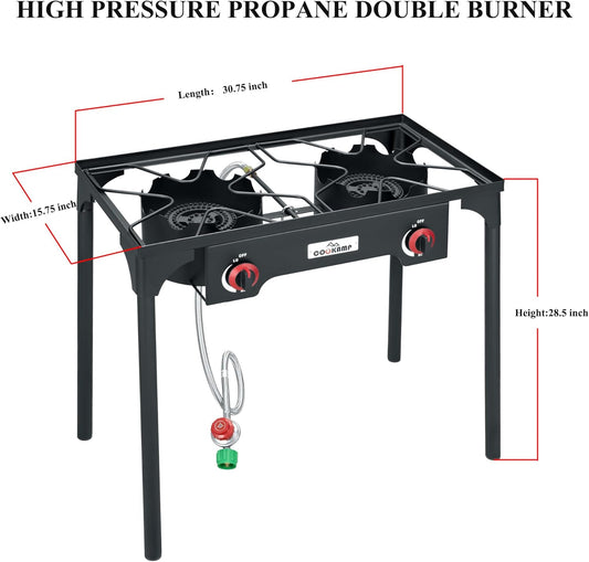 High Pressure Double Propane Burner Outdoor Camping Stove with 0-20 PSI Adjustable Regulator and Steel Braided Hose (Two Burner Stove)