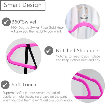 MIZGI Premium Velvet Hangers (Pack of 50) Heavyduty - Non Slip - Velvet Suit Hangers Pink - Copper/Rose Gold Hooks,Space Saving Clothes Hangers