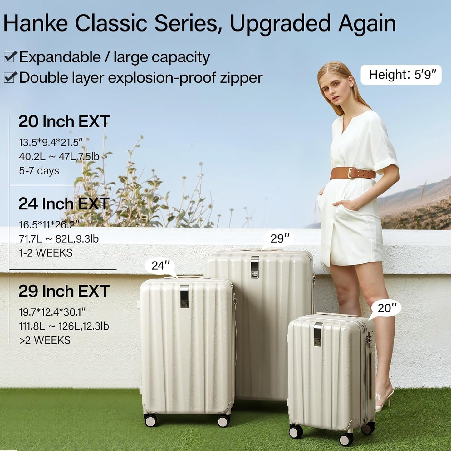 Hanke 20 Inch Expandable Carry on Luggage 22x14x9 Airline Approved Lightweight PC Hard Shell Suitcases with Wheels Travel Luggage Rolling Suitcase Travel Luggage Bag for Weekender(Ivory White)