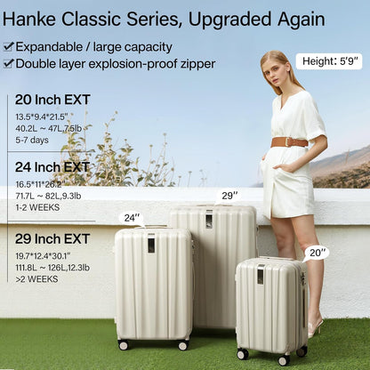 Hanke 29 Inch Expandable Checked Luggage Lightweight PC Hard Shell Luggage Suitcases with Wheels Travel Luggage Rolling Large Suitcase Travel Luggage Bag for Study Abroad.(Ivory White)