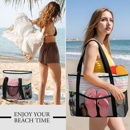 Sandproof Beach Bag with Zipper - 8-Pocket Waterproof Tote for Women & Family | Foldable Travel Swim Bag (Gift-Ready)