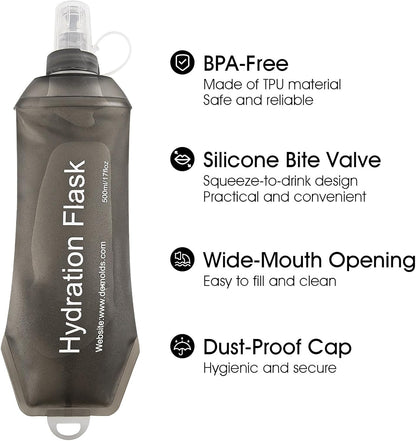 GYGYL Soft Flask, TPU Collapsible Soft Water Bottle for Hydration Pack, Running Vest, Leak-Proof Folding Water Bottle for Hiking Cycling Climbing Jogging-500ml Grey, 2pcs