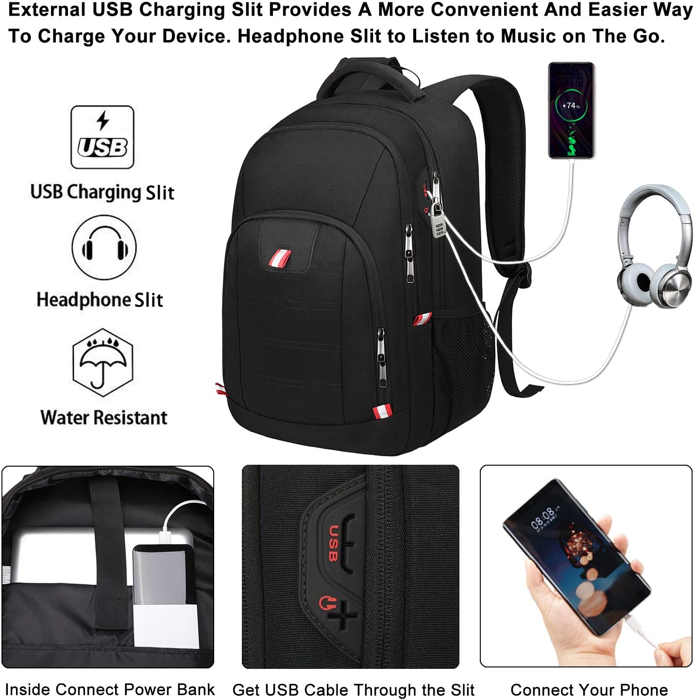 Travel Laptop Backpack, Black Backpack for Men and Women with USB Slit Business Computer Back Pack (Black, 15.6 Inch)