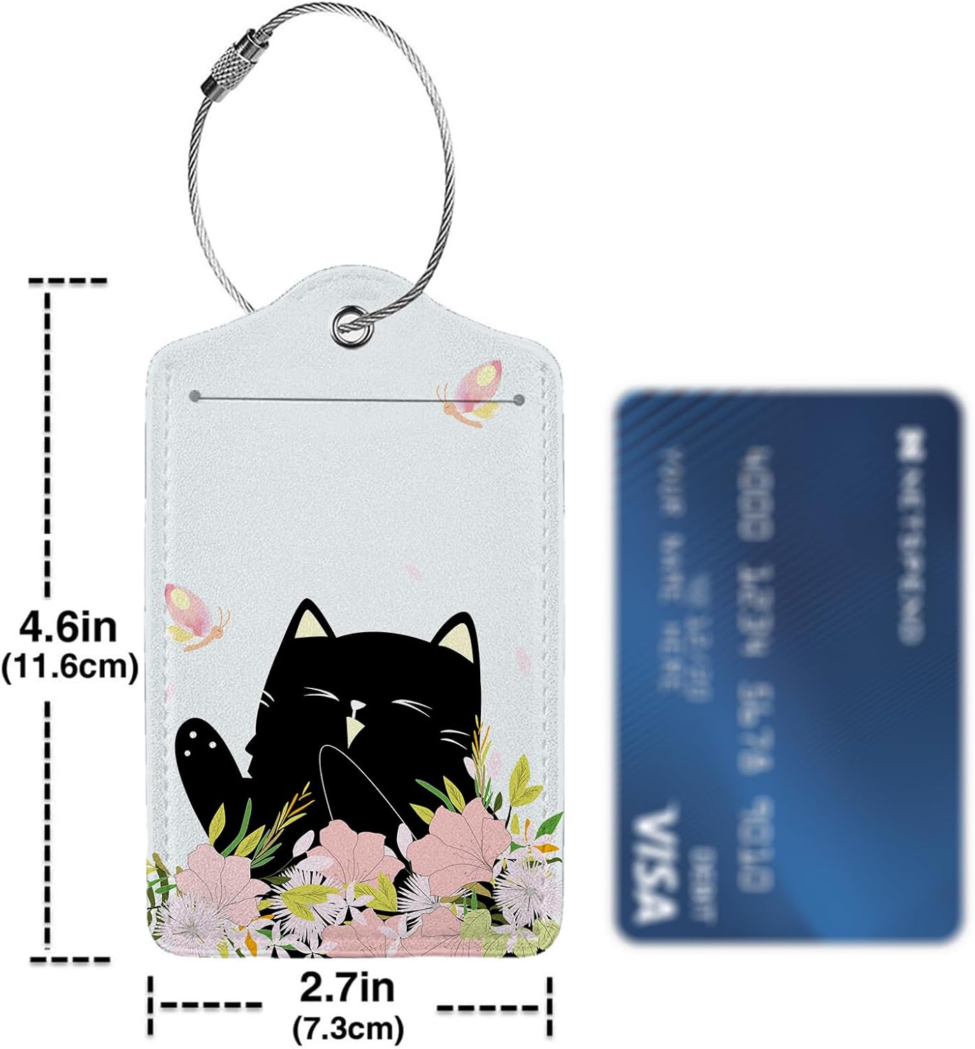 Smiling Black Cat Among Flowers 2 Pack Luggage Tag for Suitcase, Leather Bag Tags Identifiers Privacy Cover ID Label with Steel Loop for Women Men Kids Girls Travel