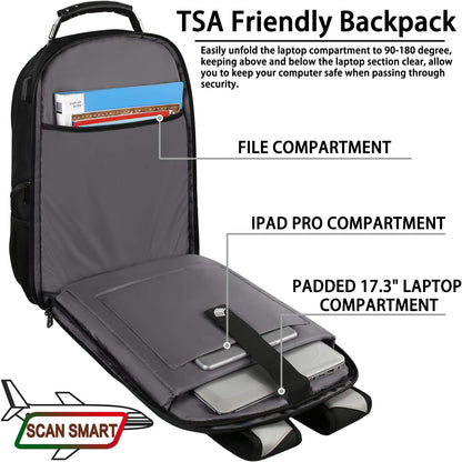 17 inch Laptop Backpack, Large Travel Backpack for Men Airline Approved with USB Charging Port and TSA Friendly, RFID Anti Theft Water Resistant Bookbag Fit for College High School Students Weekender