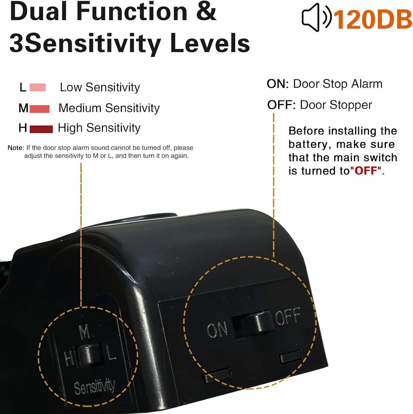 2 Pack Portable Door Stop Alarm, Door Stopper with 120db Loud Security Alarm, Travel Door, Doorstops Wedge Sensors Security Devices for Traveling Apartment Hotel and Home (Black)