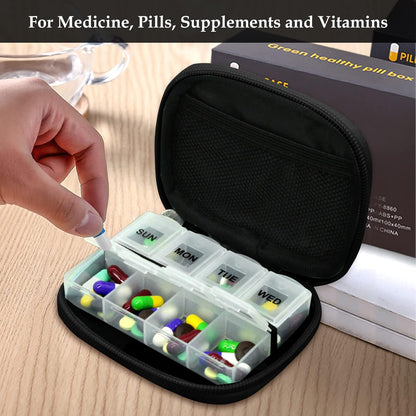 Serfeymi Weekly Travel Pill Organizer Pill Case for Purse with Removable 7 Day Pill Box, Fashionable Travel Medicine Organizer Pill Container for Medicine, Vitamin, Supplement - Black 02 + Pill Box
