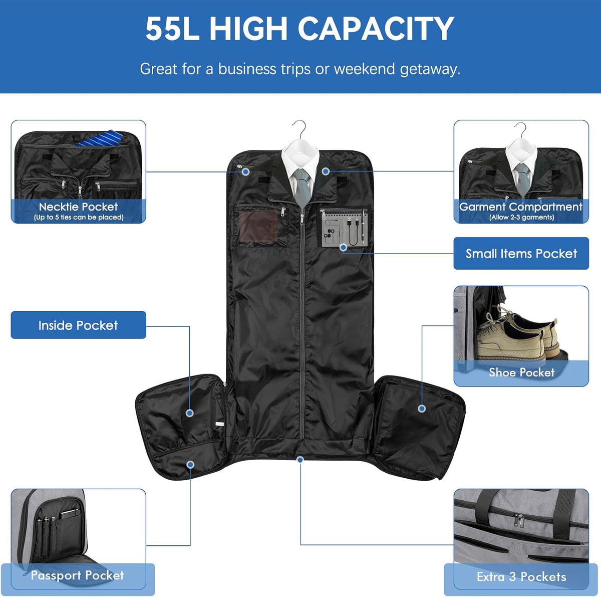 Carry on Garment Bag for Travel, Bukere Convertible Travel Duffel Suit with Shoe Compartment, Detachable Shoulder Strap, 2 in 1 Weekender Men Women
