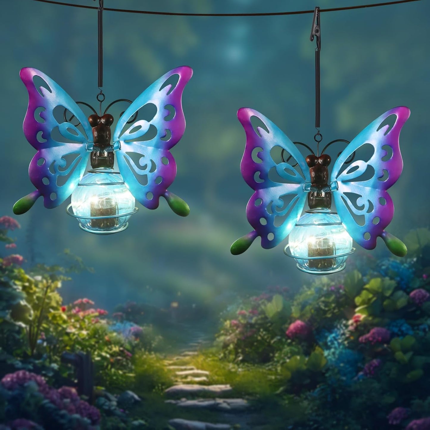 2 Pack Butterfly Solar Outdoor Hanging Lantern Creative Small Sculpture Lights Durable Waterproof Lamp Suitable for Festivals Garden Decor Birthday Gifts for Grandma Mom Women Girl
