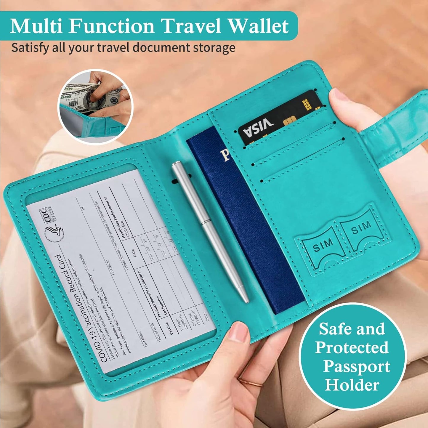 TIGARI Passport Holder for Travel Women Men, PU Leather Waterproof RFID Passport Holder Wallet Cover Case Sleeve, Family Vacation Plane Cruise Travel Document Organizer Essentials-Teal
