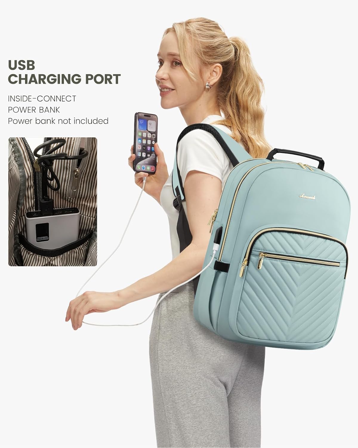 LOVEVOOK Laptop Backpack Purse for Women, Work Travel Computer Bags, College School Backpack for Student Girl, Quilted Casual Daypack with USB Port, Fit 15.6 Inch Laptop, Mint Green