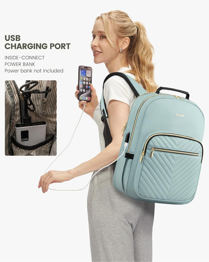LOVEVOOK Laptop Backpack Purse for Women, Work Travel Computer Bags, College School Backpack for Student Girl, Quilted Casual Daypack with USB Port, Fit 15.6 Inch Laptop, Mint Green