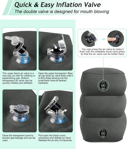 JefDiee Inflatable Travel Foot Rest Pillow, Kids Airplane Bed, Adjustable 3 Layers Height Leg Rest Pillow, Adults Travel Essentials Great for Airplane, Office, Home, Trains, Cars (Dark Grey)