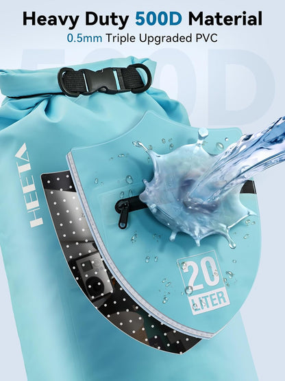 HEETA Waterproof Dry Bag with Front Zippered Pocket for Women Men, 5L/10L/20L/30L/40L Roll Top Lightweight Dry Storage Bag Backpack for Travel, Kayaking, Boating, Rafting, Camping, Hiking & Beach