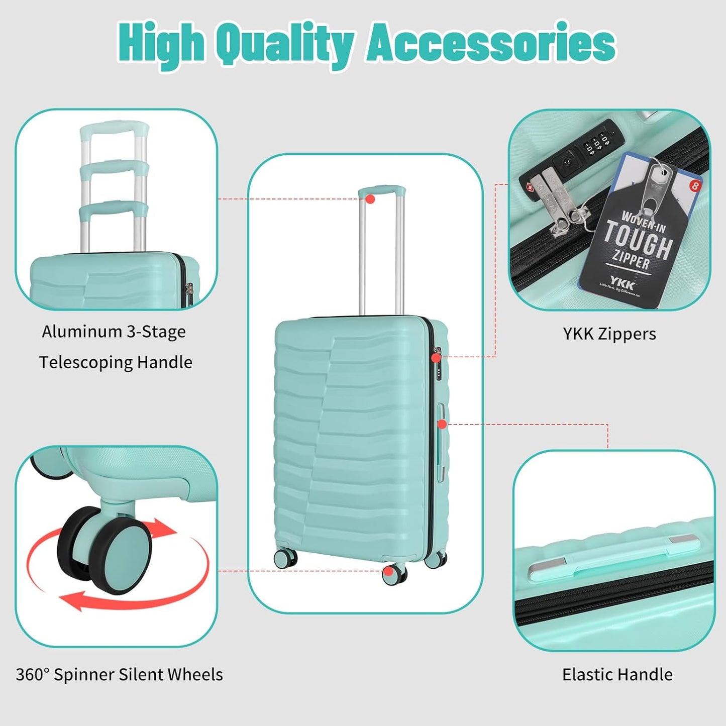 5-Piece Lightweight Luggage with Backpack Sets, ABS+PC Hard Shell Suitcase with TSA Lock & YKK Zipper (MInt Green, 20in/24in/28in/BP/TB)