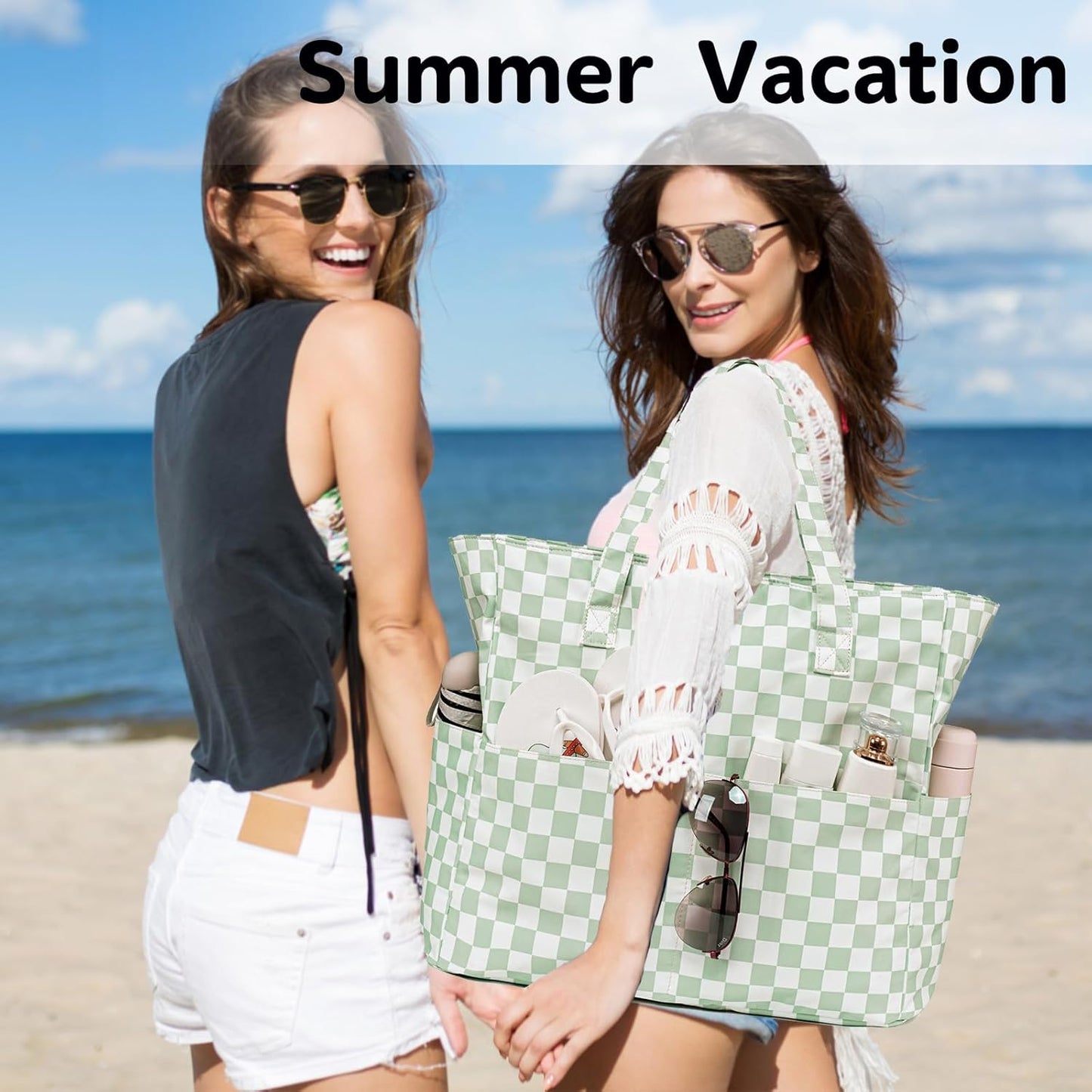 LEDAOU Large Beach Tote Bag Women Waterproof Sandproof Zipper Beach Tote Bag for Pool Gym Grocery Travel with Wet Pocket