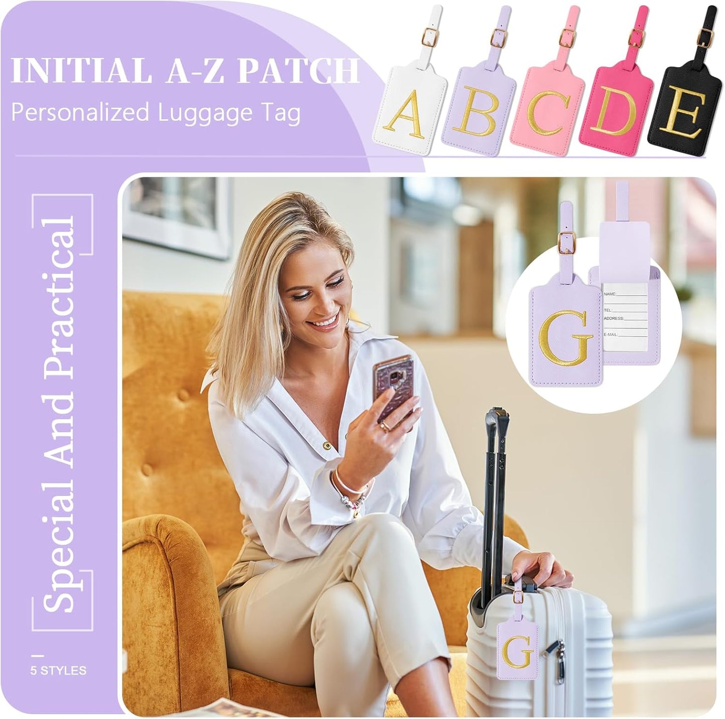 Personalized Initial Luggage Tags for Suitcase, Purple Leather Cute Luggage Tags with Privacy Cover Name Card, Embroidered Custom Monogrammed Luggage Tag Travel Backpack Tags Gifts for Women Kids(G)