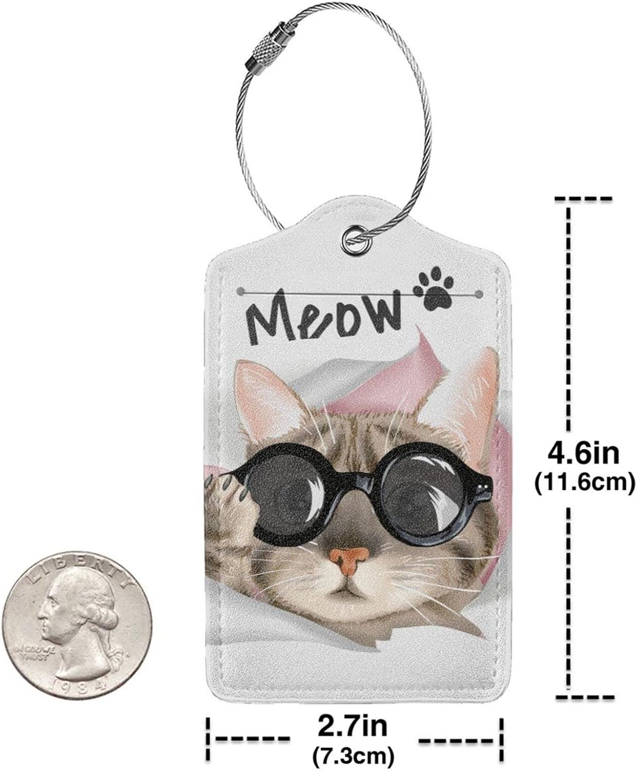 2 Pack Cute Cat Luggage Tags for Kids Girls Women Travel Funny Animal with Sunglasses Print on PU Leather Bag Tags Accessories Privacy Cover ID Label with Stainless Steel Loop for Backpack Suitcase