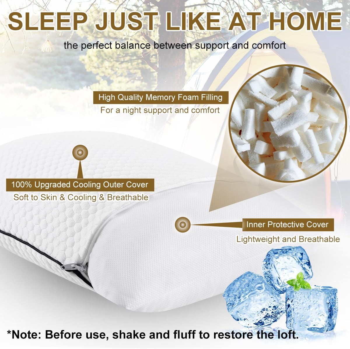 Ivellow Travel Pillow Cooling Camping Pillow for Sleeping Compressible Shredded Memory Foam Pillow Compact Firm Supportive Pillow for Adults Kids Outdoor Backpacking Hiking Essential Gear White S