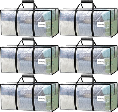 6 Pack Heavy Duty Moving Bags with Padded Wrap Around Handles-Strengthened Zipper Extra Large Storage Totes for Dorm College Clothes Clear