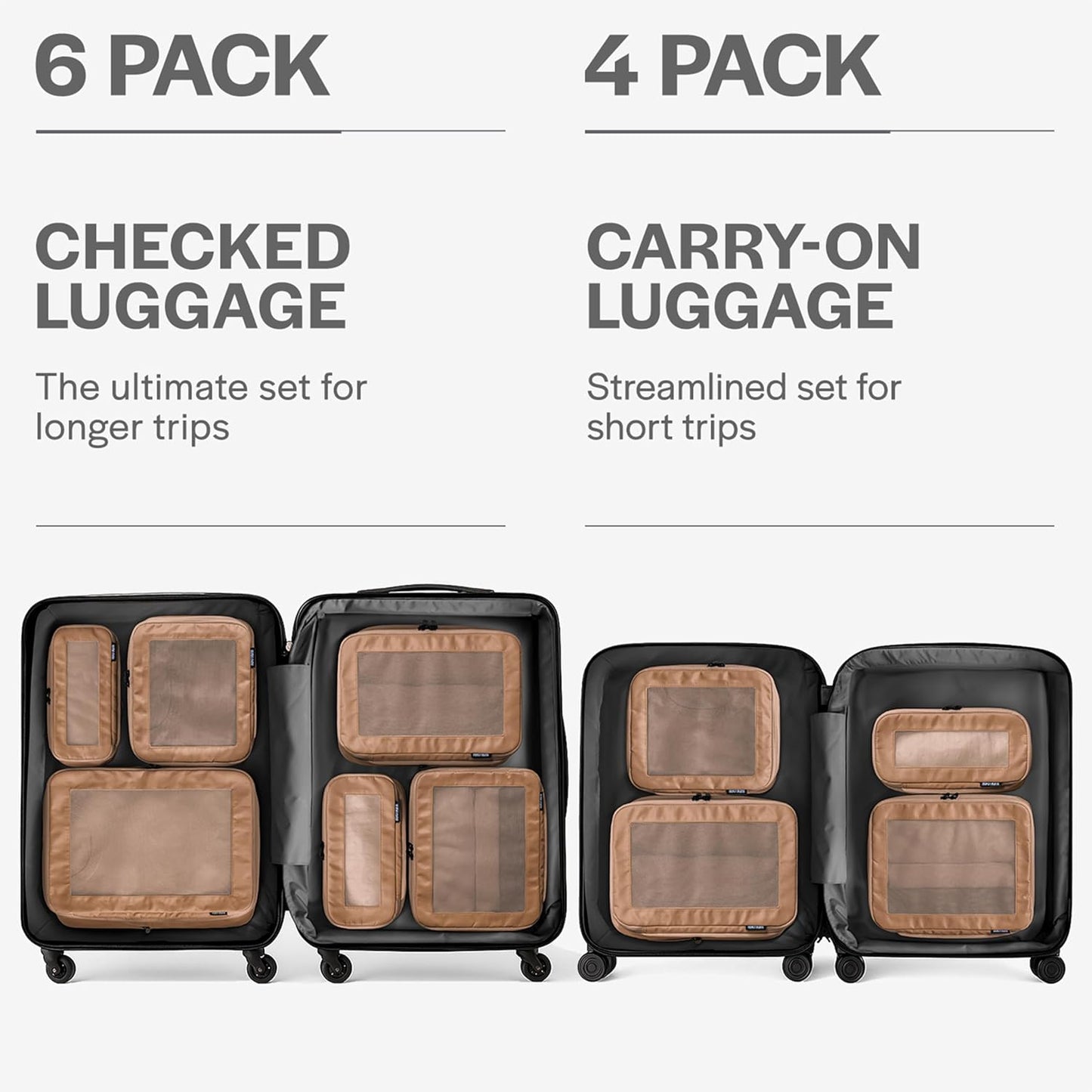 Aerotrunk Compression Packing Cubes for Travel - Luggage Organizer Bags - Double Zipper Packing Cubes for Suitcases (6-Pack, Mocha)