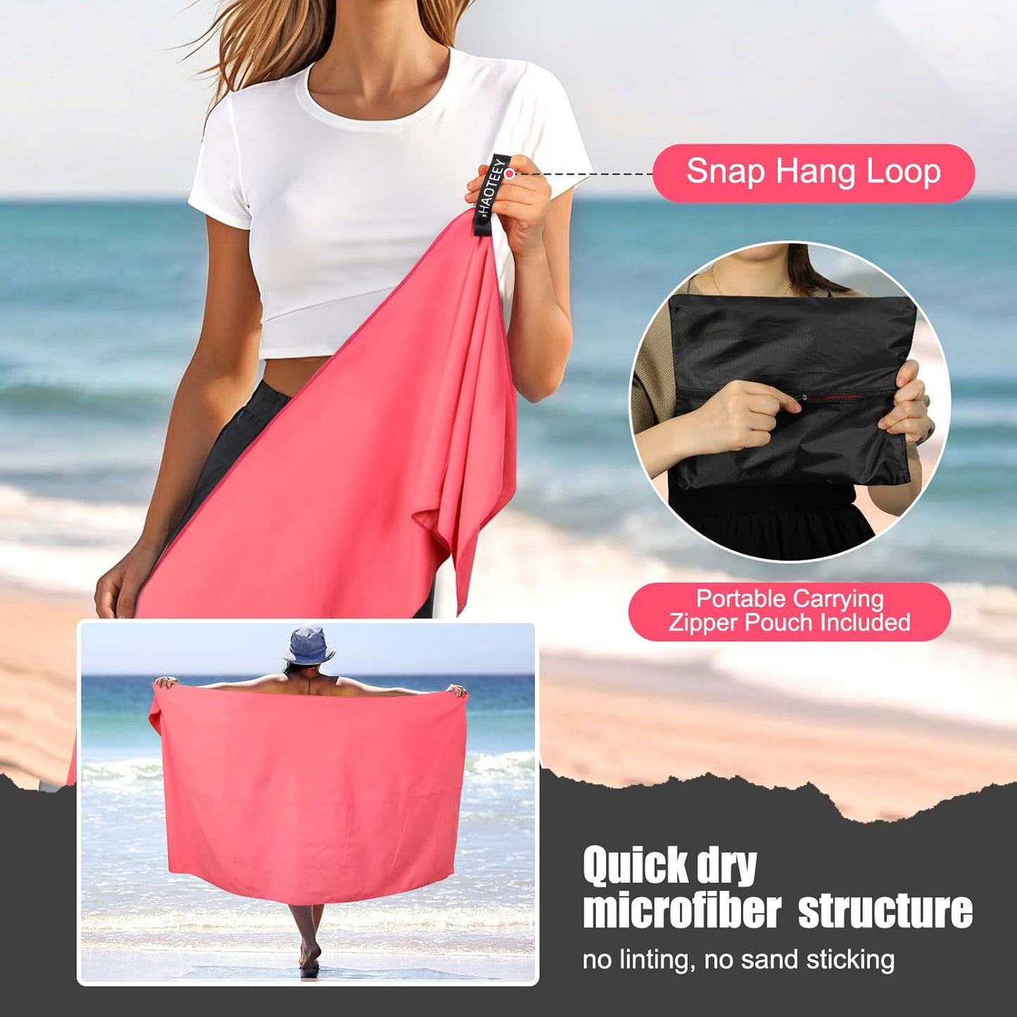 Quick Dry Travel Towel, 3 Sizes 1 Pack Camping Microfiber Towel, Lightweight Fast Drying Towels Set 60"x30", 30"x15", 15"x15" w/Bag for Gym, Beach, Hiking, Swimming, Red