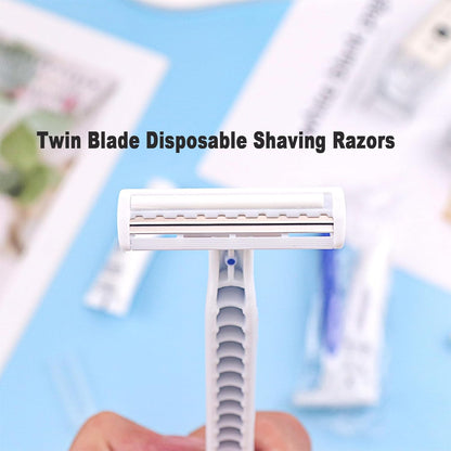 Disposable Razors in Bulk Pack of 30,Blue Disposable Shaving Razors Individual Wrapped Twin Blade Bulk Disposable Razors with Clear Cap and 10g Shaving Cream for Homeless,Hotel,Travel,Charity,Shelter