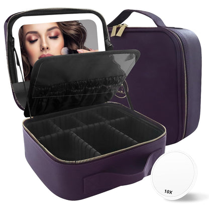 MOMIRA Travel Makeup Bag Cosmetic Bag with Lighted Mirror, Adjustable Brightness in 3 Color Scenarios, Waterproof, 10x Magnifying Mirror, Rotatable Independent Light Mirror- Deep purple (Solid)