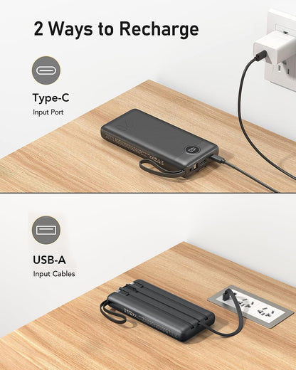 VEEKTOMX Portable Charger with Built-in Cables, 20000mAh Power Bank for iPhone, Fast Charging USB C Battery Pack, Travel Essentials Powerbank Compatible with iPhone, Samsung, Android, etc