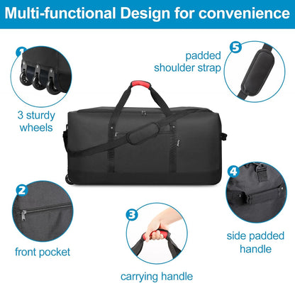 Finnhomy 120L Foldable Rolling Duffel Bag with 3 Wheels, Light Weight Travel Duffel bag with Large Loading Capacity, 32 inch Rolling Duffel bag with Shoulder Strap for Travel Camping Sports
