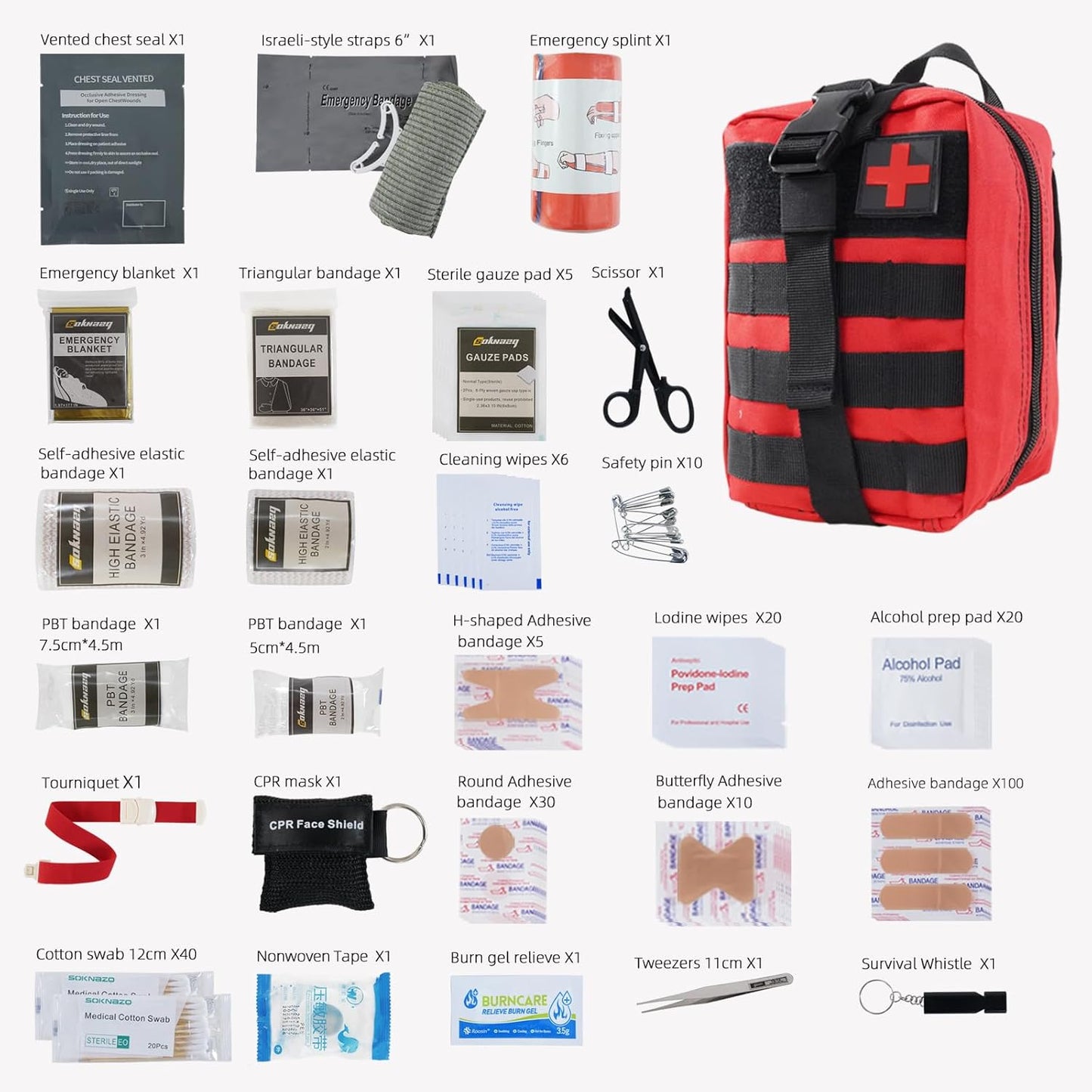 IFAK Trauma Kit, Molle Pouch Emergency Survival Kit, 6” Israeli Straps, Chest Seal Vented, Self-Adhesive Elastic Bandage, for Wound Care(Red)