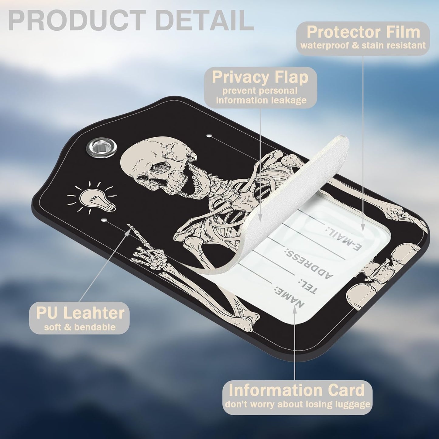 2 Pcs Human Skeleton Luggage Tags for Suitcases PU Leather Baggage Tags Name ID Label with Privacy Cover and Stainless Steel Loop for Men Women Travel Bag Suitcase