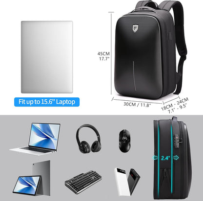 FENRUIEN Gaming Laptop Backpack 15.6 Inch, Expandable Hard Shell Backpack with USB Charging Port, Water Resistant Business Computer Backpack, Black