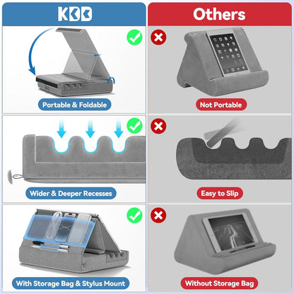 KDD Tablet Pillow Holder, Foldable iPad Stand for Lap, Bed and Desk -Tablet Soft Pad Dock with Pocket & Stylus Mount Compatible with iPad Pro 12.9, 10.5, 9.7 Air Mini 6 5 4 3, Galaxy Tab, E-Reader