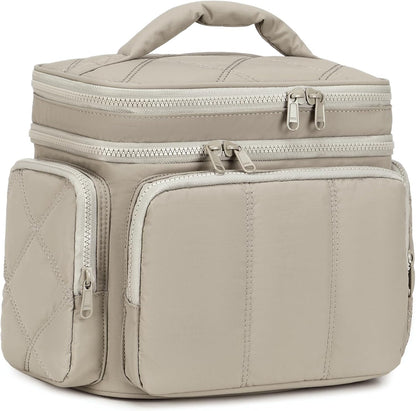 LEDAOU Toiletry Bag for Women,Quilted Travel Makeup Bag Organizer with Double Deck, Large Wide-open Cosmetic Make up Bag for Travel Essentials (Camel)